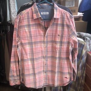 Tommy Bahama Pink and Gray Plaid Corduroy Casual Shirt